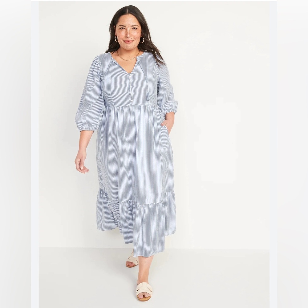 NWT 2X Old Navy Blue Striped Maxi Swing Dress 3/4 Sleeve
